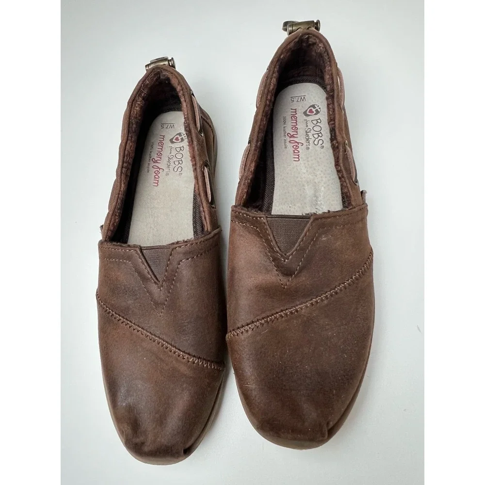 Bobs from Skechers Brown Chill Luxe Memory Foam Leather Insole Women's Shoes 7.5